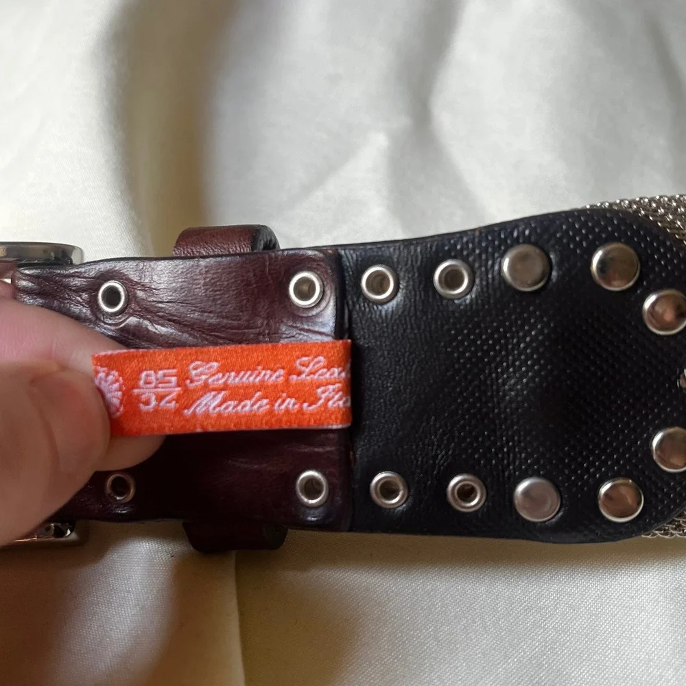 Nanni Italy Silver Mesh Leather Studded Belt 85/32 Brown Made in Italy